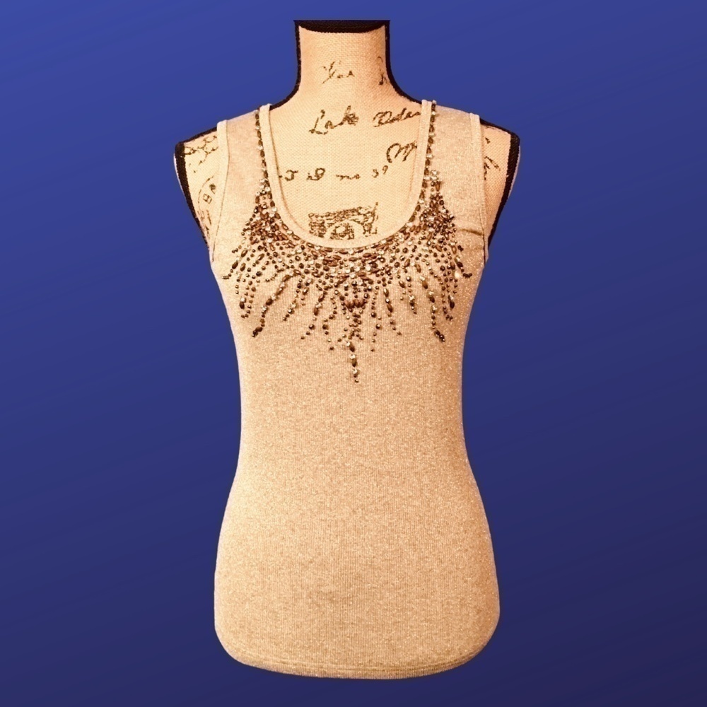 JON Tank Top, Beaded Metallic Sparkle Scoop Neck Shell, GOLD, Size Small, EUC